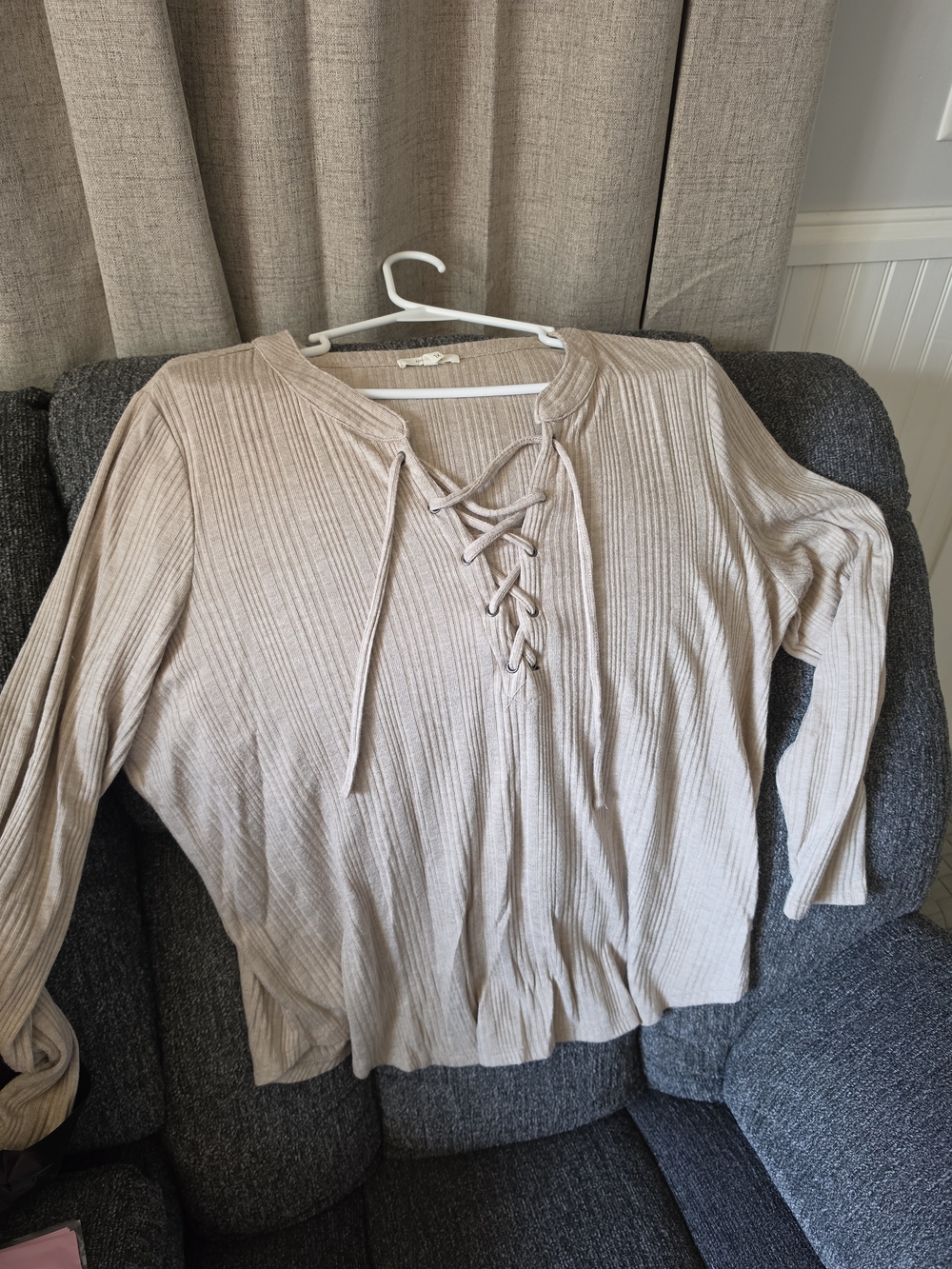 Maurices Beige Ribbed Lace-Up Long Sleeve Top